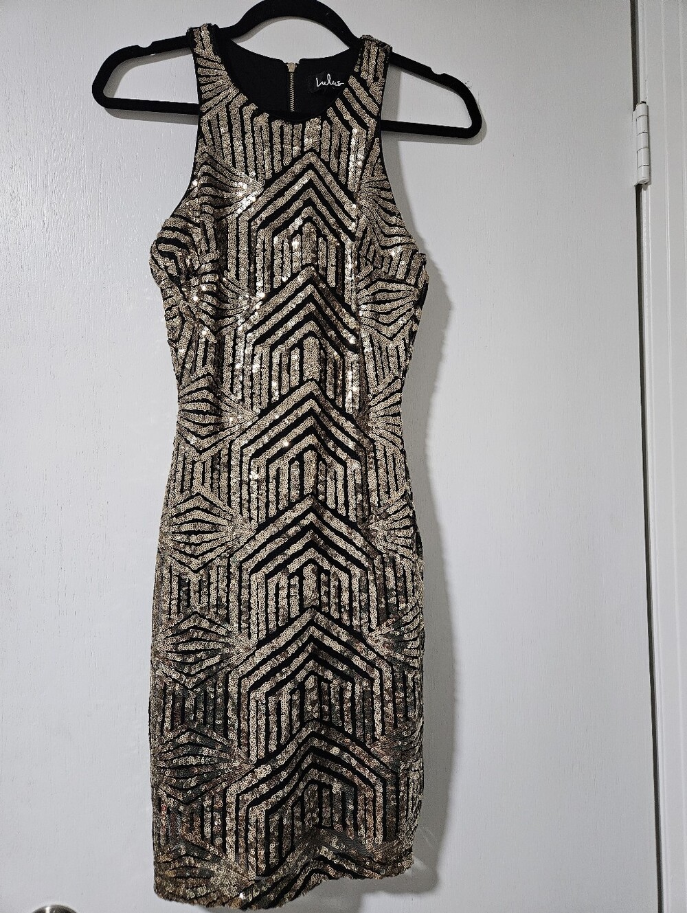 Lulus Black Gold Sequin Art Deco Geometric Cocktail Party Dress Size Small S